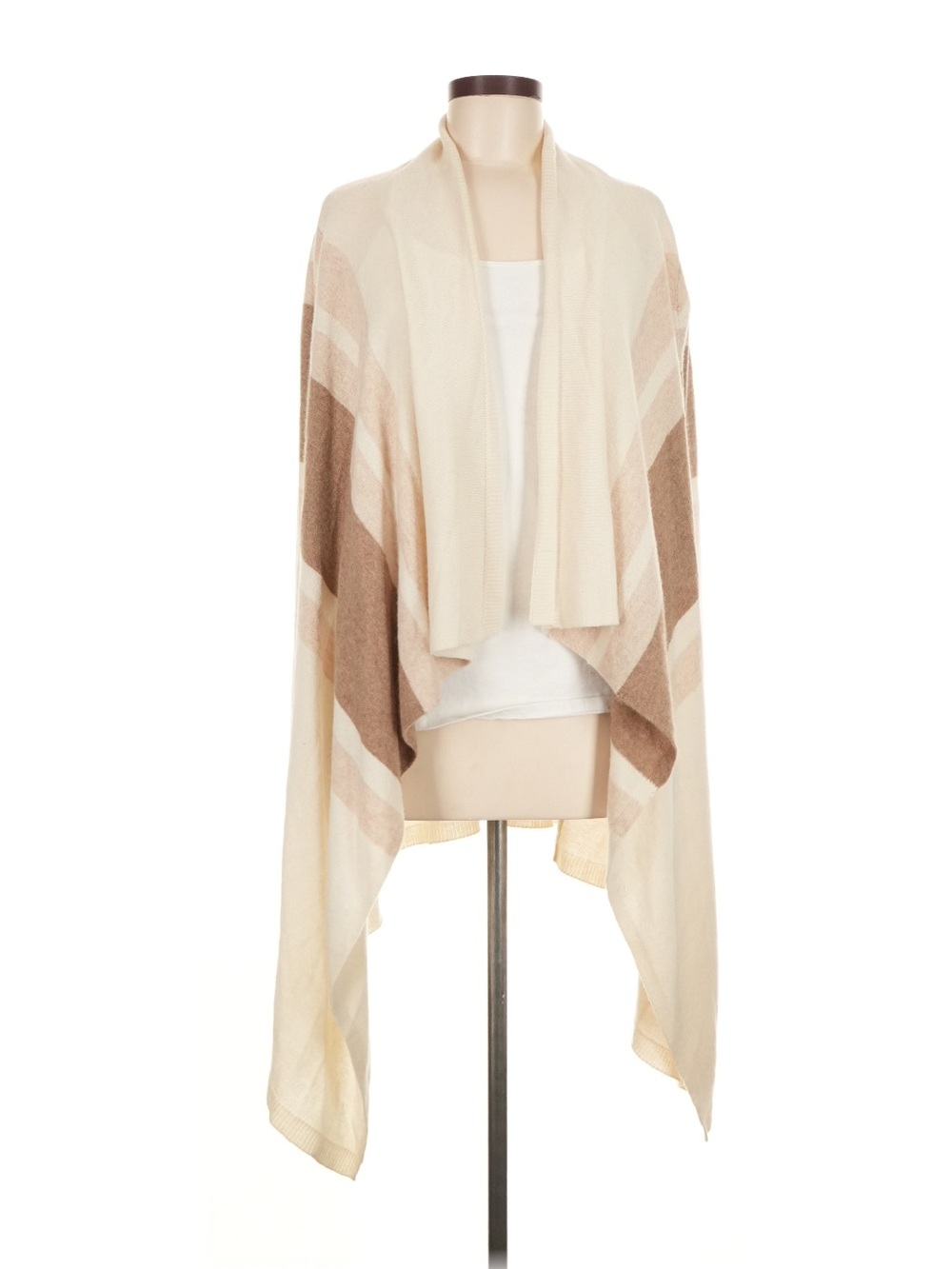 Cullen 100% Cashmere Cream & Tan Open Front Knit Draped Sweater Poncho Medium